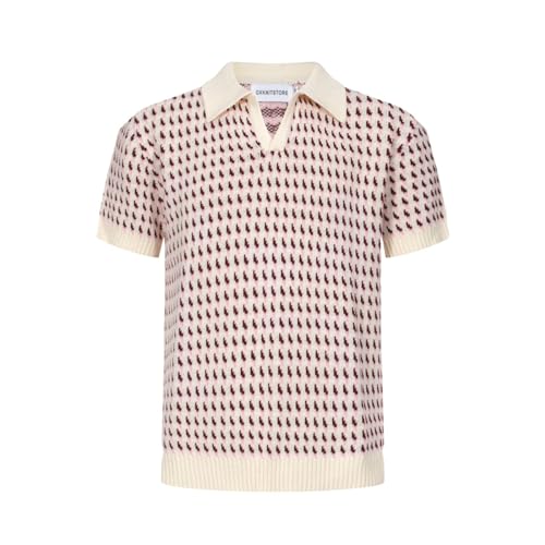 OXKnitstore OXKNIT Herren Casual 1960er Mod Style Vintage Strick-Poloshirt Kurzarm Golf-Shirts Weich Bequem, F-Pink / Weiß, XX-Large von OXKnitstore