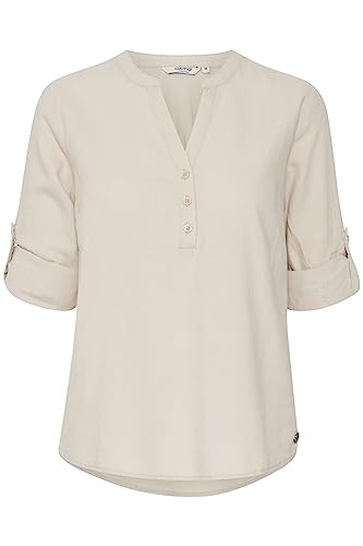 OXMO OXANJA Damen Tunika Bluse Langarm Klassische Leinenbluse mit V-Ausschnitt und Knöpfen Regular Fit und Knöpfbare Ärmel, Größe:36, Farbe:Cement (140708) von OXMO