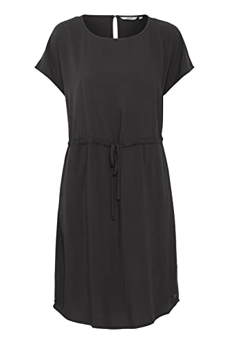OXMO OXELVIRA Damen Freizeitkleid Kleid Viskose-Kleid mit runden Ausschnitt und tropfenverschluss hinten Bindegürtel an der Taille Regular Fit, Größe:40, Farbe:Black (200451) von OXMO