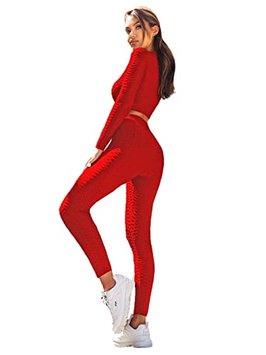 OZONEE Damen 2-Teilig Set Leggings + Langarmshirt Jogginganzug Sportleggings Crop Top Jogginghose Sweatshirt Trainingsanzug Sportanzug Freizeitanzug Sport Anzug Lang 777/3246DR ROT L von OZONEE