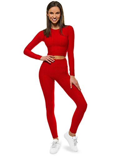 OZONEE Damen 2-Teilig Set Leggings + Langarmshirt Jogginganzug Sportleggings Crop Top Jogginghose Sweatshirt Trainingsanzug Sportanzug Freizeitanzug Sport Anzug Lang O/22060 ROT M von OZONEE