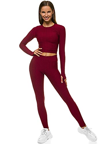 OZONEE Damen 2-Teilig Set Leggings + Langarmshirt Jogginganzug Sportleggings Crop Top Jogginghose Sweatshirt Trainingsanzug Sportanzug Freizeitanzug Sport Anzug Lang O/22060 WEINROT M von OZONEE