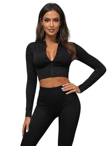 OZONEE Damen 2-Teilig Set Leggings + Sweatjacke Jogginganzug Sportleggings Jogginghose Trainingsanzug Sportanzug Freizeitanzug Sport Anzug Tracksuit Fitnessanzug Lang 777/8948DR SCHWARZ L/XL von OZONEE