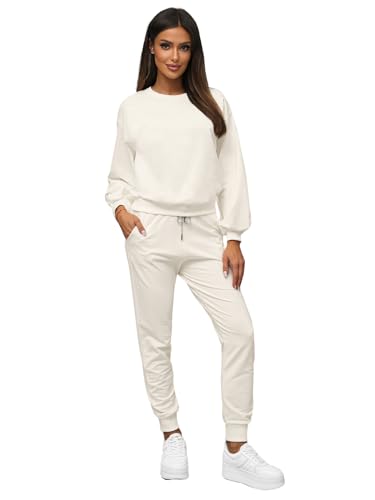 OZONEE Damen 2-Teilig Set Sweatshirt + Jogginghose Jogginganzug T-shirt Trainingshose Trainingsanzug Sportanzug Freizeitanzug Sport Anzug Tracksuit Fitnessanzug Rundhals 777/4001DR ECRU L von OZONEE