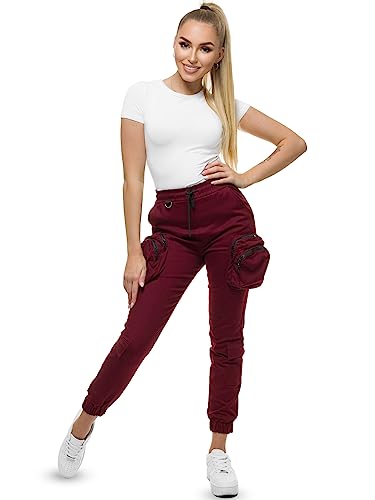 OZONEE Damen Cargohose Chino Stoff Hose Chinos Lang Stoffhose Jogger Chinohose Pants Bündchen Freizeithose Röhrenhose Sporthose High Waist Hoch Bund Gürtel O/802Z WEINROT XL von OZONEE