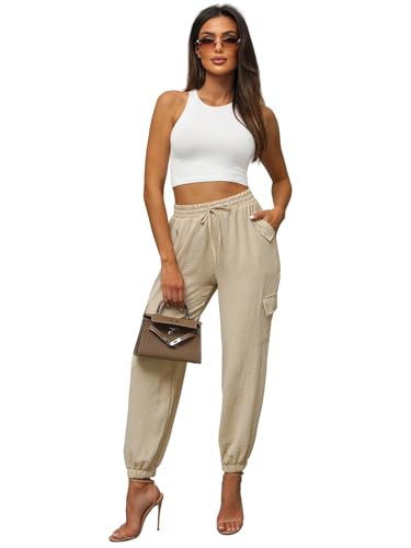 OZONEE Damen Cargohose Chino Stoff Hose Chinos Lang Stoffhose Jogger Chinohose Pants Bündchen Freizeithose Röhrenhose Sporthose High Waist Hoch Bund Gürtel O/XYS3238Z BEIGE XL/XXL von OZONEE