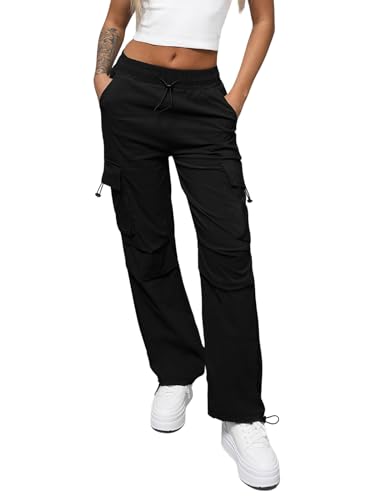 OZONEE Damen Cargohose Wide Leg Gerade Geschnitten Relaxed Weite Stoff Hose Lang Stoffhose Chinohose Pants Freizeithose Sporthose O/TT00375Z/1 SCHWARZ S/M von OZONEE