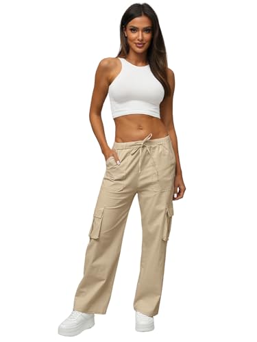 OZONEE Damen Cargohose Wide Leg Gerade Geschnitten Relaxed Weite Stoff Hose Lang Stoffhose Chinohose Pants Freizeithose Sporthose O/ZCH2275Z BEIGE L/XL von OZONEE