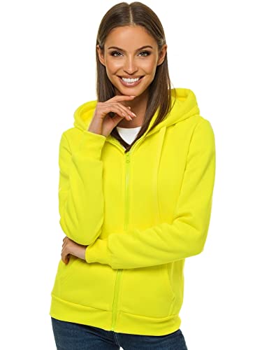 OZONEE Damen Hoodie Kapuzenpullover Sweatjacke Sweatshirt Kapuzenjacke Kapuzenpulli Kapuze Langarm Sport Style Casual Fitness Training Basic Unifarbe Einfarbig JS/W03Z GELB-NEON XL von OZONEE