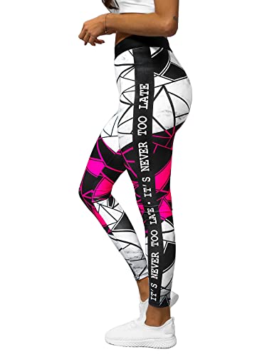 OZONEE Damen Leggings Leggins Lang Sportleggings Baumwolle Blickdicht High Waist Hüfthoch Hohe Taille Hochbund Knöchellang Sport Unifarbe Einfarbig 777/9303S SCHWARZ-ROSA M von OZONEE