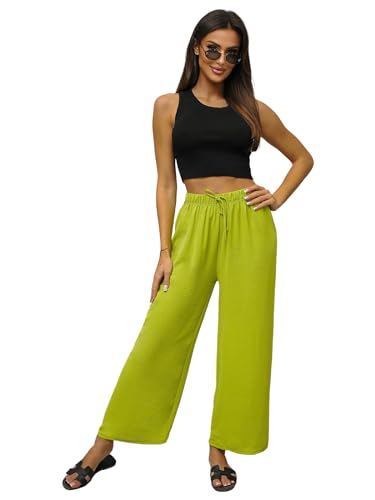 OZONEE Damen Sommerhose Stoffhose Fließende Chiffonhose Stoff Hose Sommer Palazzo Culotte Haremshose High Waist Lang Hüfthoch Hohe Taille Hochbund Pants Baggy O/XYS3243Z GRÜN XL/XXL von OZONEE