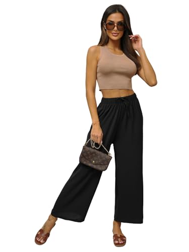 OZONEE Damen Sommerhose Stoffhose Fließende Chiffonhose Stoff Hose Sommer Palazzo Culotte Haremshose High Waist Lang Hüfthoch Hohe Taille Hochbund Pants Baggy O/XYS3243Z SCHWARZ XL/XXL von OZONEE