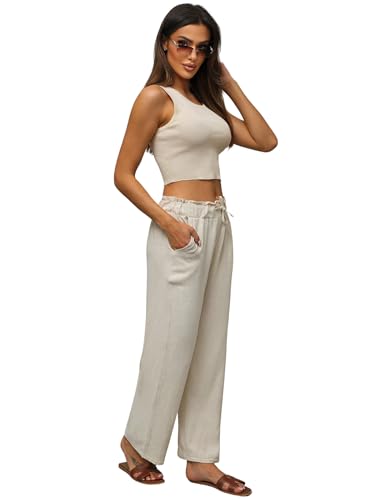 OZONEE Damen Sommerhose Stoffhose Fließende Chiffonhose Stoff Hose Sommer Palazzo Culotte Haremshose High Waist Lang Hüfthoch Hohe Taille Hochbund Pants Baggy O/ZCH2288Z Ecru L/XL von OZONEE