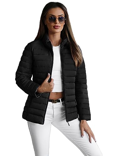 OZONEE Damen Übergangsjacke Regenjacke Jacke Übergang Jacken Herbst Bomberjacke Stehkragen Kapuze Steppjacke Kapuzenjacke Leichte Outdoor Puffer Jacket Gepolstert 777/2163K/392 SCHWARZ L von OZONEE