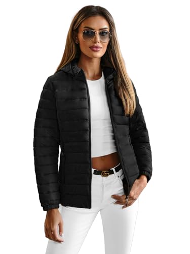 OZONEE Damen Übergangsjacke Regenjacke Jacke Übergang Jacken Herbst Bomberjacke Stehkragen Kapuze Steppjacke Kapuzenjacke Leichte Outdoor Puffer Jacket Gepolstert 777/9797K/392 SCHWARZ S von OZONEE