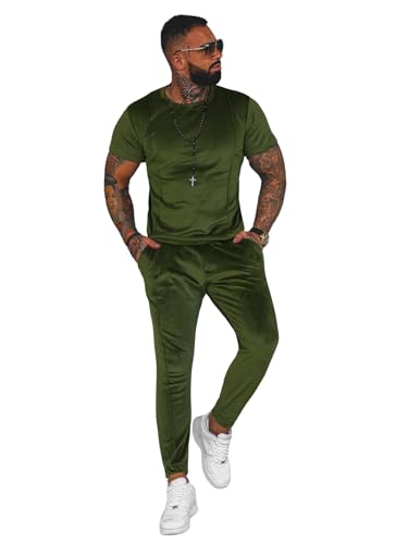 OZONEE Herren 2-Teilig Set T-Shirt + Jogginghose Jogginganzug Top Trainingshose Trainingsanzug Sportanzug Freizeitanzug Sport Anzug Tracksuit Fitnessanzug O/12135Z KHAKI XL von OZONEE