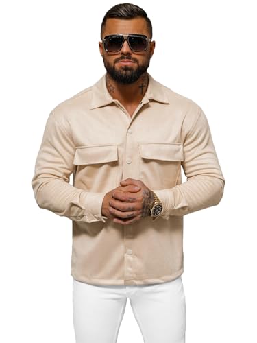 OZONEE Herren Hemd Freizeithemd Shirt Langarm Tailored Fit Flanellhemd Langarmhemd Langärmliges Slim Fit Freizeit Business Männer Jungen Trachtenhemd O/GOM23039Z BEIGE M von OZONEE