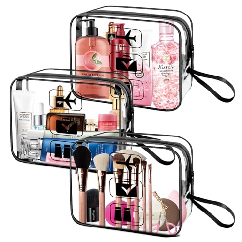 Kulturbeutel Transparent, 3 Stück Kulturbeutel Flugzeug HandgepäCk, PVC Kosmetiktasche Wasserdicht, Make-Up Tasche FüR MäNner, Frauen, Kinder, Familie (Schwarz) von OZYAN