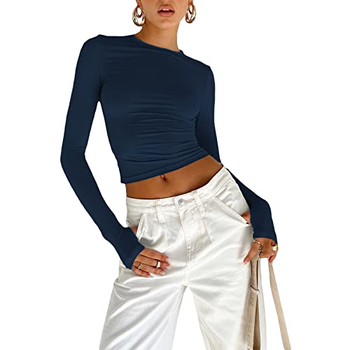 Damen Crop Tops Rundhals Slim Fit Top T-Shirt Lässige Streetwear(Dunkelblau-3,L) von OZYILIAN