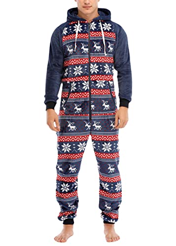 Oanviso Herren Schlafanzug Einteiliger Pyjama Langarm Nachtwäsche Hausanzug klassisch Weihnachten Pyjama Set Warm Flanell Schlafoveralls mit Reißverschluss Jumpsuit Onesie mit Kapuze Herbst A 03 L von Oanviso