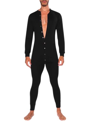 Oanviso Overall Jumpsuit Herren Schlafanzug Pyjama Onesie Langarm Mit Knöpfen Strampler Casual Jogger Einteiler Schlafoverall Hausanzug One-Piece Männer A Noir XS von Oanviso