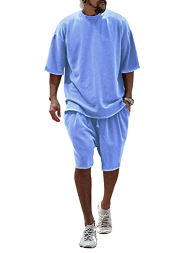 Oanviso Zweiteiliges Set Casual Herren Sommer Set T-Shirt + Shorts Leicht Jogging Set Kurzarm Einfarbig Sets Rundhals Freizeitanzüge Atmungsaktiv Sportanzug Loose 2-Teiliges Frottee A Blau L von Oanviso