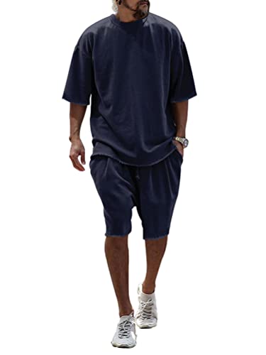 Oanviso Zweiteiliges Set Casual Herren Sommer Set T-Shirt + Shorts Leicht Jogging Set Kurzarm Einfarbig Sets Rundhals Freizeitanzüge Atmungsaktiv Sportanzug Loose Fit 2-Teiliges A Dunkelblau 3XL von Oanviso