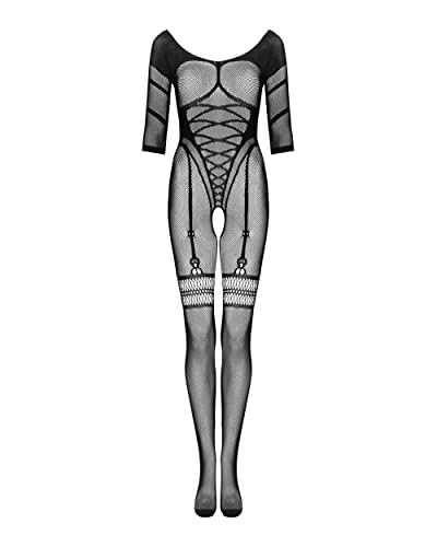 Obsessive - Gestrickter Bodystocking G329 I Dessous Für Frauen I Korsett Imitierter Schnitt In Kombination Mit Strümpfen I Geometrische Muster Betonen Die Silhouette I Schwarz - XL-XXL von Obsessive