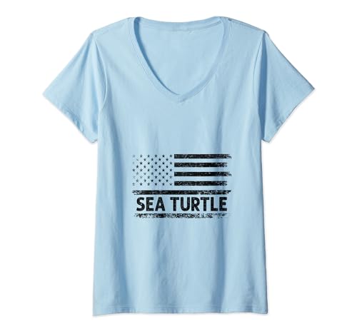 Damen Amerikanische USA-Flagge, Meeresschildkröte, Ozean-Tier T-Shirt mit V-Ausschnitt von Ocean Animal Turtles Sea Turtle Lover Gifts