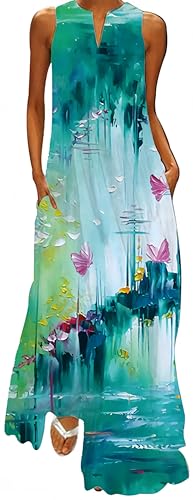 Ocean Plus Damen Ärmelloser Langer Rock V-Ausschnitt Bedrucktes Blumenkleid Ärmelloses Maxikleid mit V-Ausschnitt (3XL, Aquarelllotus) von Ocean Plus