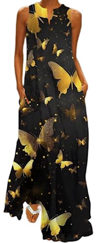 Ocean Plus Damen Ärmelloser Langer Rock V-Ausschnitt Bedrucktes Blumenkleid Ärmelloses Maxikleid mit V-Ausschnitt (5XL, Goldene Schmetterlinge) von Ocean Plus