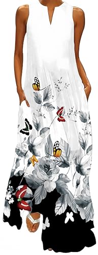 Ocean Plus Damen Ärmelloser Langer Rock V-Ausschnitt Bedrucktes Blumenkleid Ärmelloses Maxikleid mit V-Ausschnitt (L, Schwarz und weiß Blumen und Schmetterlinge) von Ocean Plus