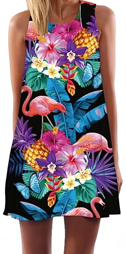 Ocean Plus Damen Casual Top Freizeit Flamingo Blätter Sommer Ärmellos Kleider Ohne Arm Westenkleid Partykleid Sommerkleid Minikleid Strandkleid (L (EU 38-40), Flamingo Schmetterling auf Schwarzem) von Ocean Plus