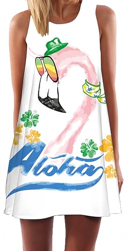 Ocean Plus Damen Casual Top Freizeit Flamingo Blätter Sommer Ärmellos Kleider Ohne Arm Westenkleid Partykleid Sommerkleid Minikleid Strandkleid (XXL (EU 42-44), Regenbogen Sonnenbrille Flamingo) von Ocean Plus