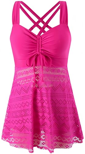 Ocean Plus Damen Elagant Tankini Top Spitze Rückenfreier Zweiteilig Badeanzug zum Abnehmen in Einfarbiger mit Brustpolster ohne Stahlstütze (M (EU 36-38), Lila rosa) von Ocean Plus