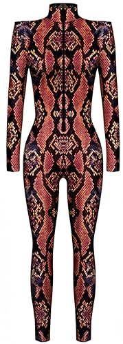 Ocean Plus Damen Halloween Skelett Digitaldruck Overall Schmal Geschnittene Langärmlige Einteilige Strumpfhose Jumpsuit (M, Rote Pythonschlange) von Ocean Plus