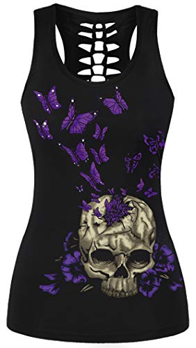 Ocean Plus Damen Schädel Sport Tops Gothic Tank Top Ärmellos Workout Weste Criss Cross Hemd Halloween Schnelltrocknendes Laufshirt (3XL (Brustumfang: 110 cm), Lila Schmetterling Schädel) von Ocean Plus