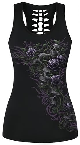 Ocean Plus Damen Schädel Sport Tops Gothic Tank Top Ärmellos Workout Weste Criss Cross Hemd Halloween Schnelltrocknendes Laufshirt (L (Brustumfang: 92 cm), Lila Rosenbusch) von Ocean Plus