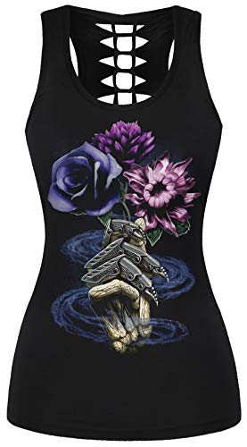 Ocean Plus Damen Schädel Sport Tops Gothic Tank Top Ärmellos Workout Weste Criss Cross Hemd Halloween Schnelltrocknendes Laufshirt (XL (Brustumfang: 98 cm), Lila Rosen Knochenhand) von Ocean Plus