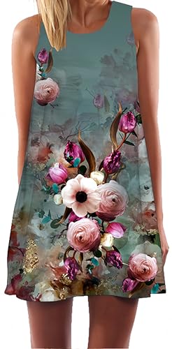 Ocean Plus Damen Sommer Ärmellos Bunt Tops Kleider Pfau Blumen Strandkleider Eule Kurz A Linie Kleid Cover Up (S (EU 34-36), Ölgemälde Blumen) von Ocean Plus