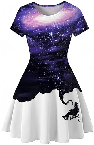 Ocean Plus Damen Sternenhimmel Digitaldruck A-Linien Kurzarmkleid mit Rundhalsausschnitt Kurzärmliges T-Shirt Kleid Swingrock Schaukelrock (S (EU 32-34), Lila Galaxie) von Ocean Plus