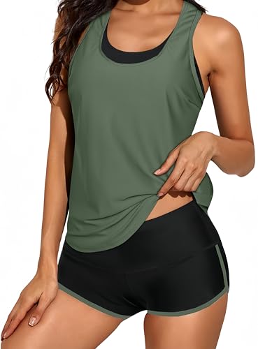 Ocean Plus Damen Tankini mit Sportdruck Schwarz Netz Tops Crossback Bademode Shorts Dreiteiliger Tankini Set (M (EU 36-38), Grün-Schwarz) von Ocean Plus