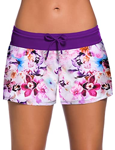 Ocean Plus Damen Unifarben Badeshorts mit Verstellbarem Tunnelzug Wassersport UV-Schutz Bikinihose Boardshorts Hotpants (S (EU 34-36), Violette Blumen) von Ocean Plus