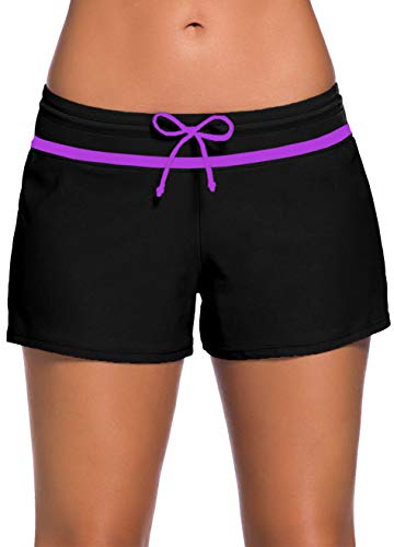 Ocean Plus Damen Unifarben Badeshorts mit Verstellbarem Tunnelzug Wassersport UV-Schutz Bikinihose Boardshorts Hotpants (XL (EU 40-42), Schwarz lila) von Ocean Plus