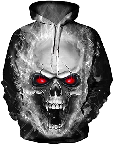 Ocean Plus Herren 3D Mehrfarbig Hoodie Schädel Kapuzenpullover Bunt Wolf Pulli Totenkopf Sweatshirt mit Kapuzen (XXL/3XL (Brustumfang: 126-146CM), Rote Augen Schädel) von Ocean Plus