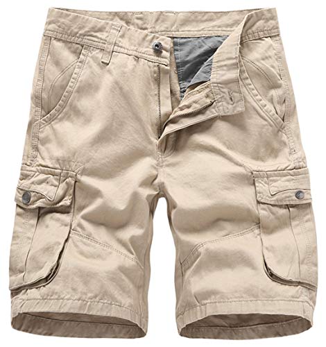 Ocean Plus Herren Sommer Einfarbige Cargo Shorts Baumwolle Multi Taschen Kurze Hose Reißverschluss Regular Fit Sportshorts Mittlere Taille Arbeitsshorts Ohne Gürtel (34W, 2811 Khaki) von Ocean Plus