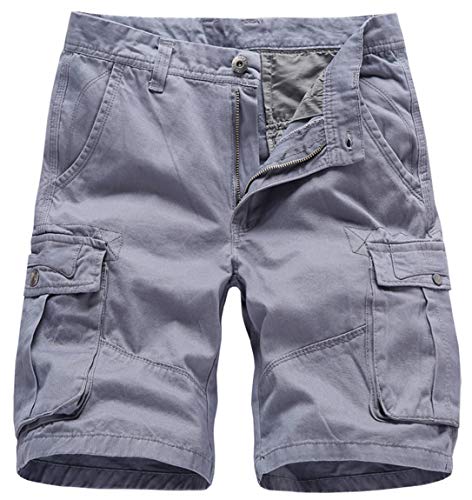 Ocean Plus Herren Sommer Einfarbige Cargo Shorts Baumwolle Multi Taschen Kurze Hose Reißverschluss Regular Fit Sportshorts Mittlere Taille Arbeitsshorts Ohne Gürtel (38W, 2811 Grau) von Ocean Plus