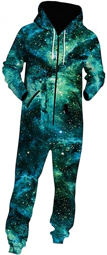 Ocean Plus Herren Sternhimmel Digitadruck Schlafoverall Unisex Casual Hosen Langarm Fleece Reißverschluss Overall (XL, Grüner Sternenhimmel) von Ocean Plus