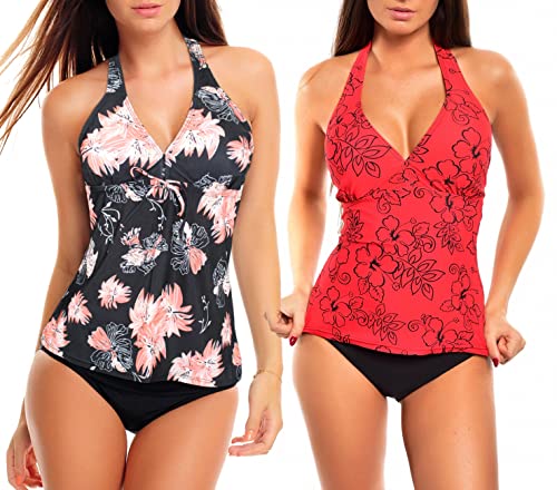 3tlg. Damen Neckholder Tankini Set zum Kombinieren! 2 Oberteile und 1 Slip f5680 Farbe: Schwarz Geblümt + Rot geblümt, Slip A(1448+1134)+S4(sw), Gr. 38 von Octopus