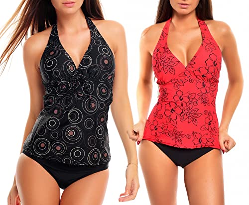 3tlg. Damen Neckholder Tankini Set zum Kombinieren! 2 Oberteile und 1 Slip f5680 Farbe: Schwarz mit Kreisen + Rot geblümt, Slip A(1074+1134)+S4(sw), Gr. 46 von Octopus